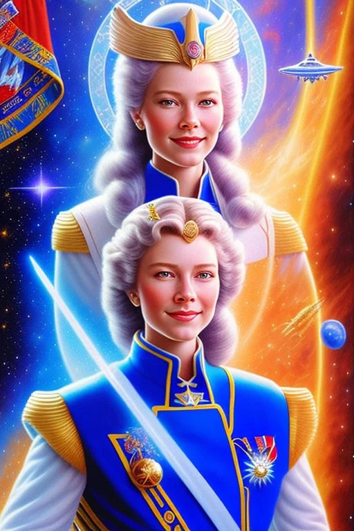 cosmic young woman admiral from the future, one fine whole face, large cosmic forehead, crystalline skin, expressive blue eyes, blue hair, smiling lips, very nice smile, costume pleiadian, rainbow ufo, Beautiful tall woman pleiadian Galactic commander, ship, perfect datailed golden galactic suit, high rank, long blond hair