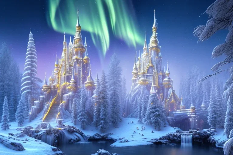  white and gold crystal castle，waterfall, winter snow flakessnow, northern Lights, full of details, smooth, bright sunshine，soft light atmosphere, light effect，vaporwave colorful, concept art, smooth, extremely sharp detail, finely tuned detail, ultra high definition, 8 k, unreal engine 5, ultra sharp focus