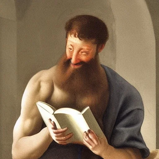 smiling man reading book into microphone by Michelangelo