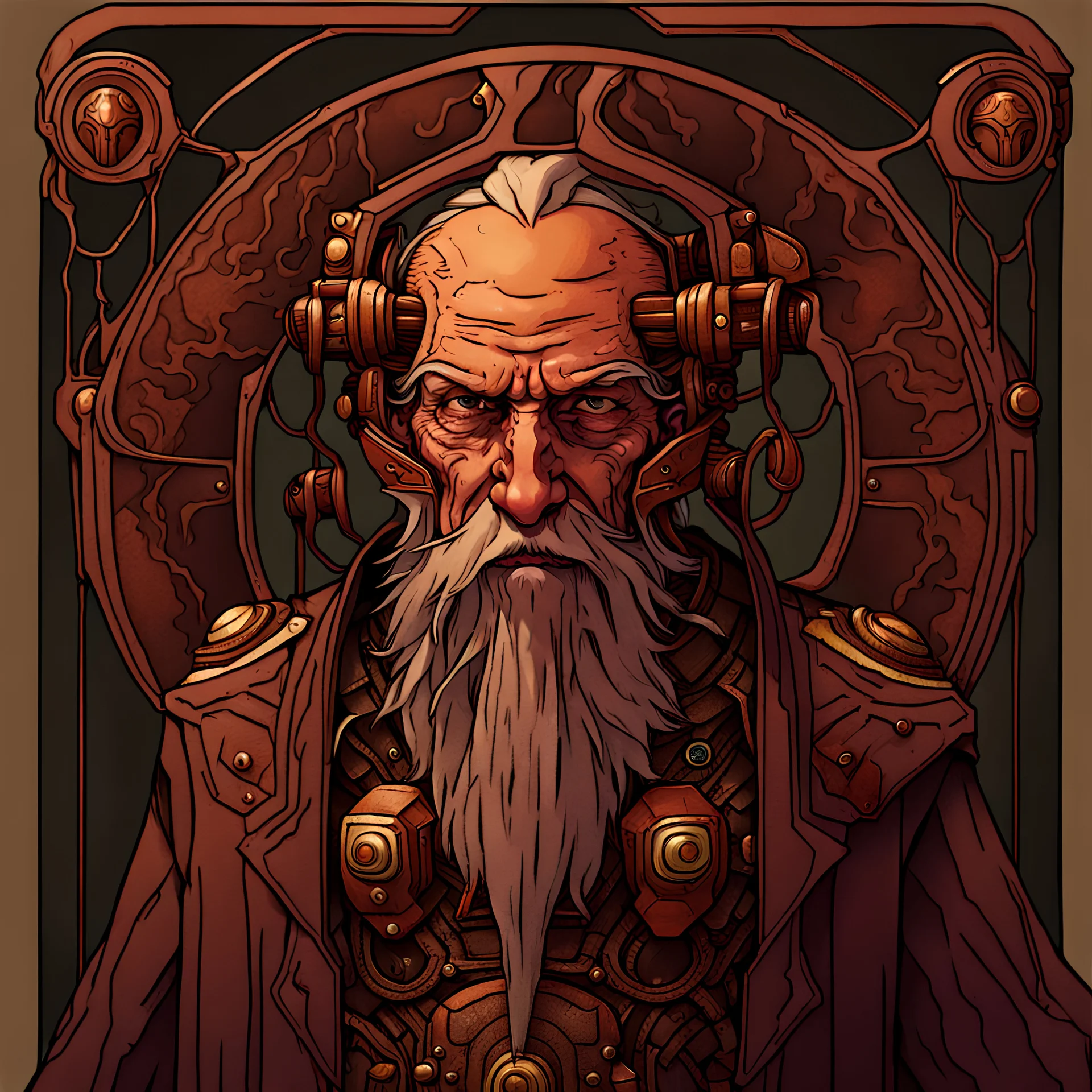 a fantasy artificer cyborg old man, with a beard of tubes, and armour hiding emaciated flesh, in the style of art nouveau