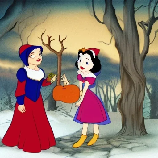 Snow White meets a witch selling poisoned apples