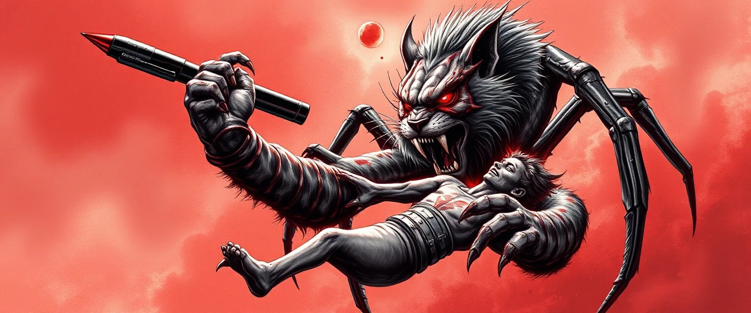 gritty air brush 3d with pen outline, vampire space spider lion cat holding a human in its grip