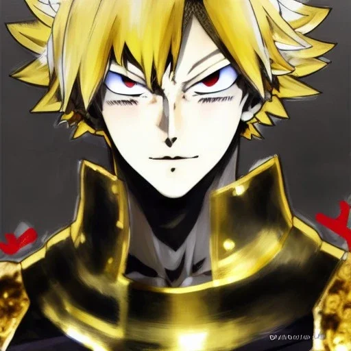 Detailed anime portrait of bakugo from my hero academia, gold hair and golden eyes, black suit, intricate details, full body portrait, keep head in frame, slight smile, black Japanese motif, concept art, highly detailed, digital painting, concept art, sharp focus, illustration, art by Yoji Shinkawa, WLOP and greg rutkowski and alphonse mucha and artgerm and yanjun Chen and Junji ito and Makoto Shinkai, HDR, octane render