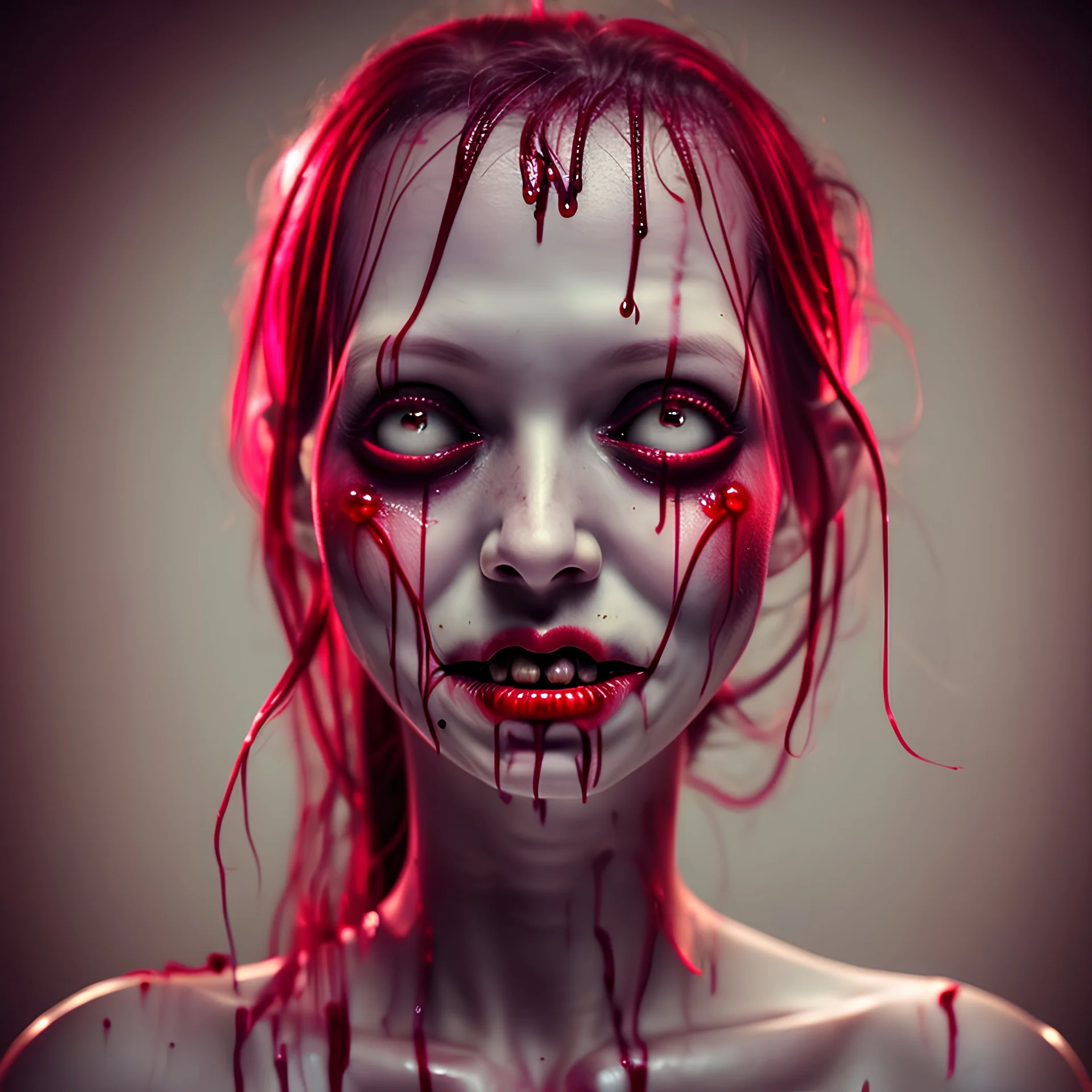 woman, anormal limbs, smiling, creepy, dripping blood, 8k, macro photography