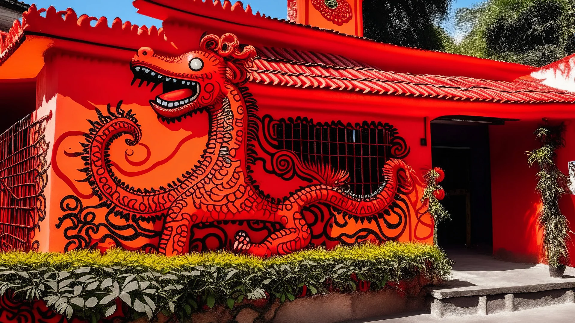 An orangish red pepper palace with a fiery dragon painted by Keith Haring