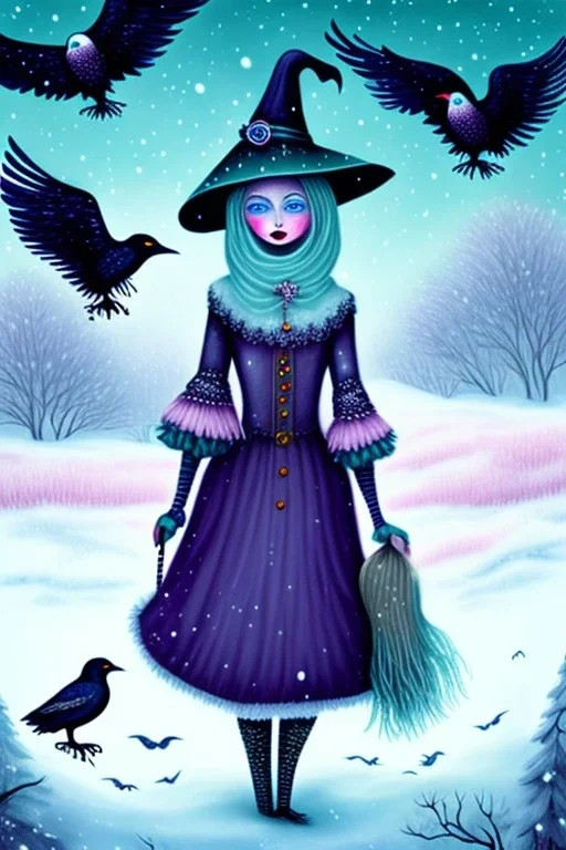 Friendly witch, playing with crows, perfect eyes, pastel colours, snow, style Elisabeth Kreitz