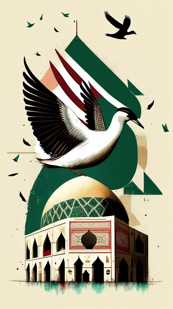 A design for Al-Aqsa Mosque, with a dove around it that expresses freedom, and the Palestinian flag flutters, covering Al-Aqsa Mosque.