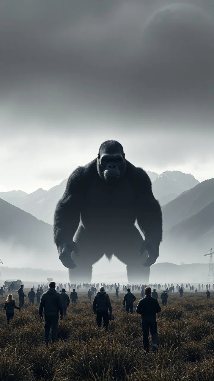 A field of random people at the end of the picture gray background an giant dark shadow of King Kong dark figure standing in under blurry gray planet , a huge mountains in the background cinematic, 8k
