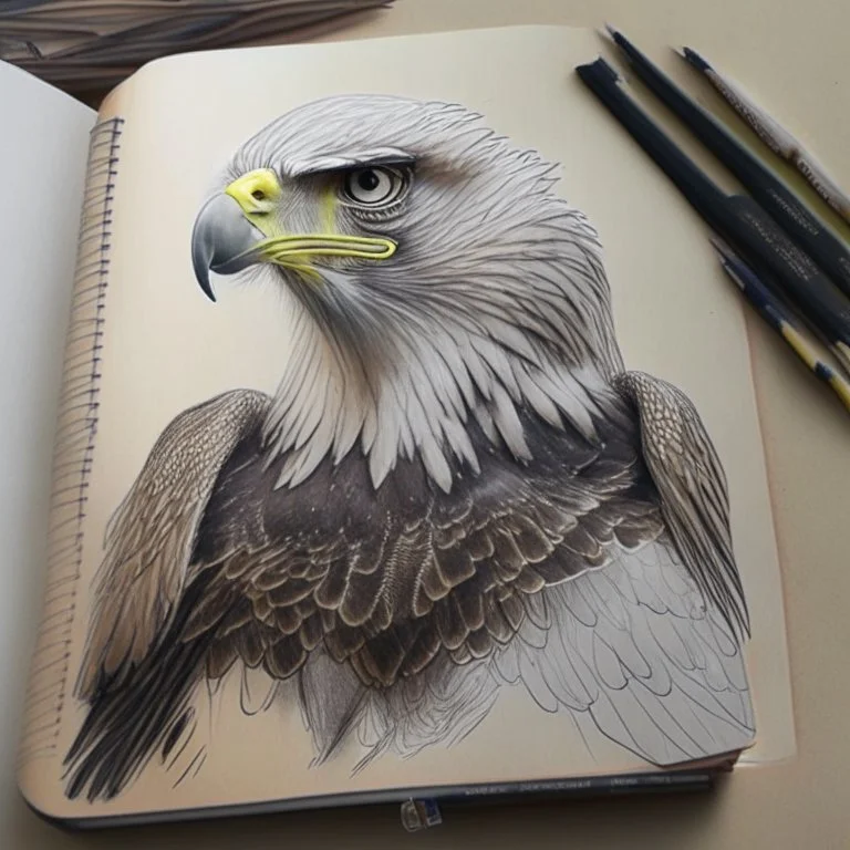 drawing in a sketch book of a realistic eagle.