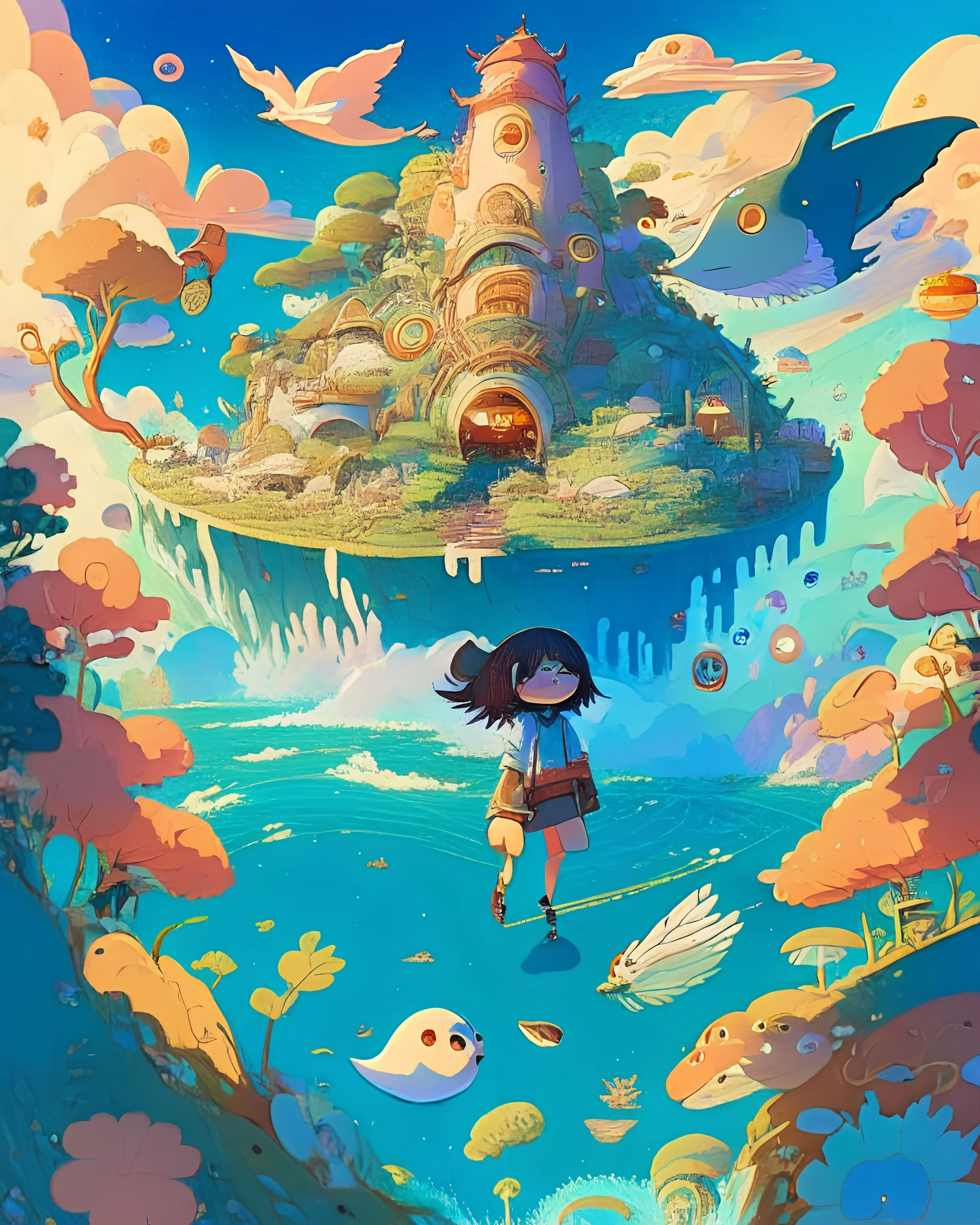 A vibrant, Studio Ghibli-inspired illustration of a magical, dreamlike world, with floating islands, enchanting creatures, and a young protagonist embarking on a journey of self-discovery, evoking the imaginative and emotional storytelling found in animated cinema.