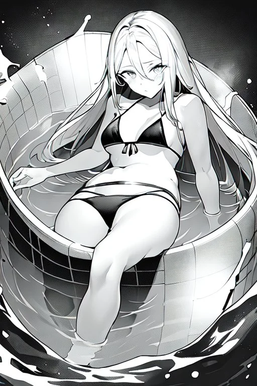 bikini long hair thin girl with leg in abyss pool, greyscale, sexy pose, screen tones