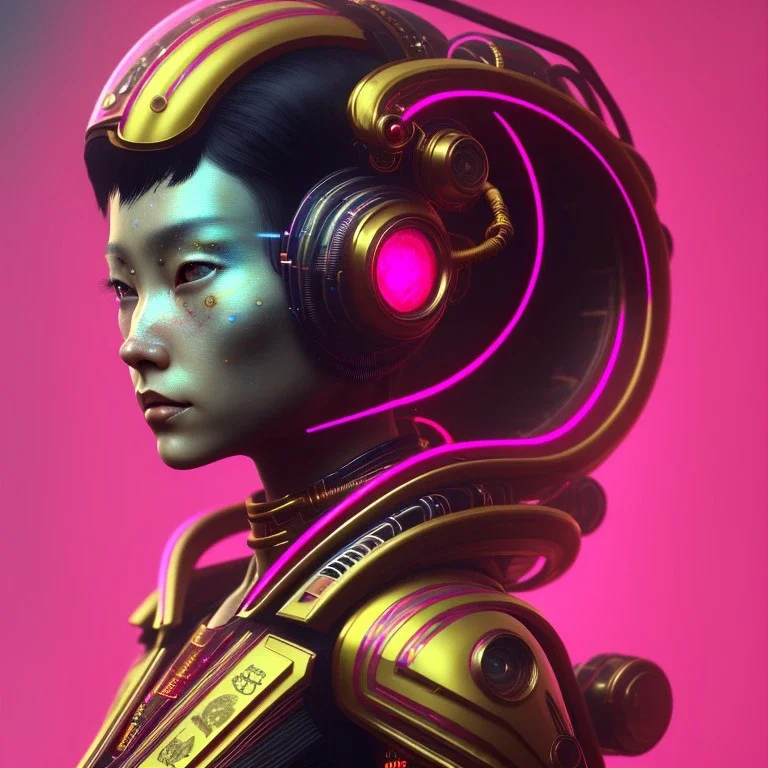 Medium Close Up Portrait, Front image. cyberpunk Asian woman, pink short hair. rabbit mask, latex suit. Red, black, gold, color. Punk style. Gradient background. Avatar image, highly detailed, concept art, smooth, unreal engine 5, god rays, ray tracing, RTX, lumen lighting, ultra detail, volumetric lighting, 3d, finely drawn, high definition, high resolution.