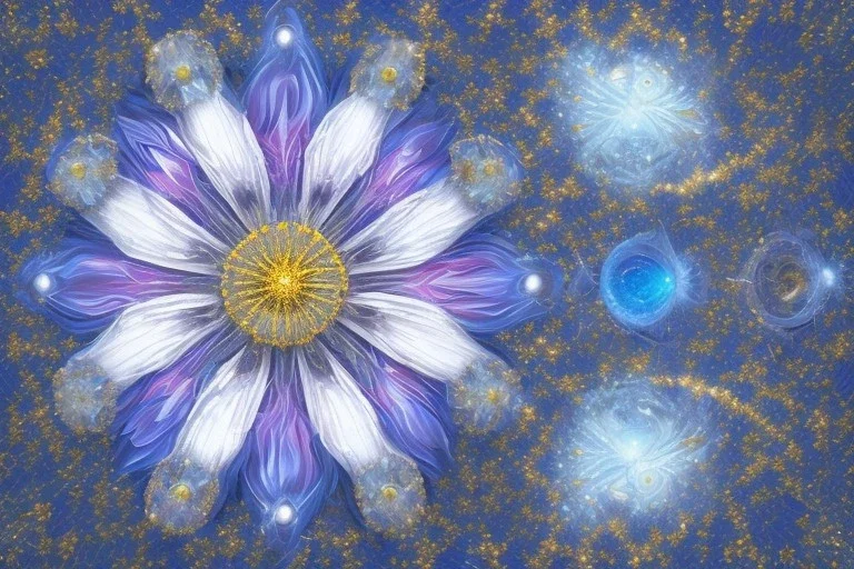 only one cosmic white an gold crystal flower in blue and pink cosmos