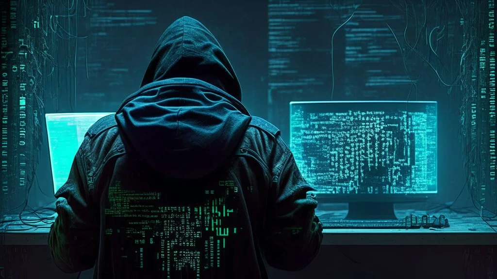 picture of a bad ass hacker at work from behind facing forward cyber punk