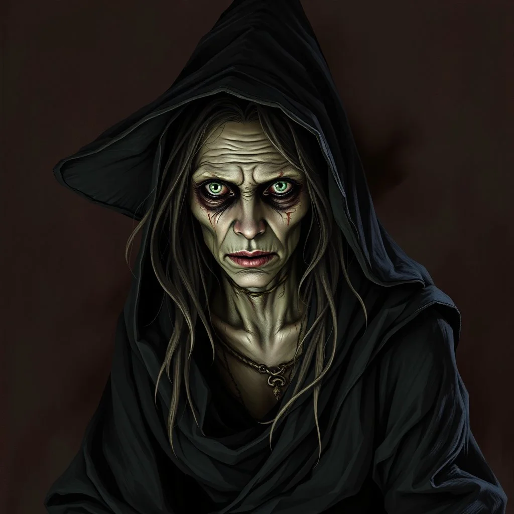 The witch, Lorissa Nightshade, appears—a gaunt, pale woman with hollowed out eyes and wearing tattered and torn robes. Grimdark realistic