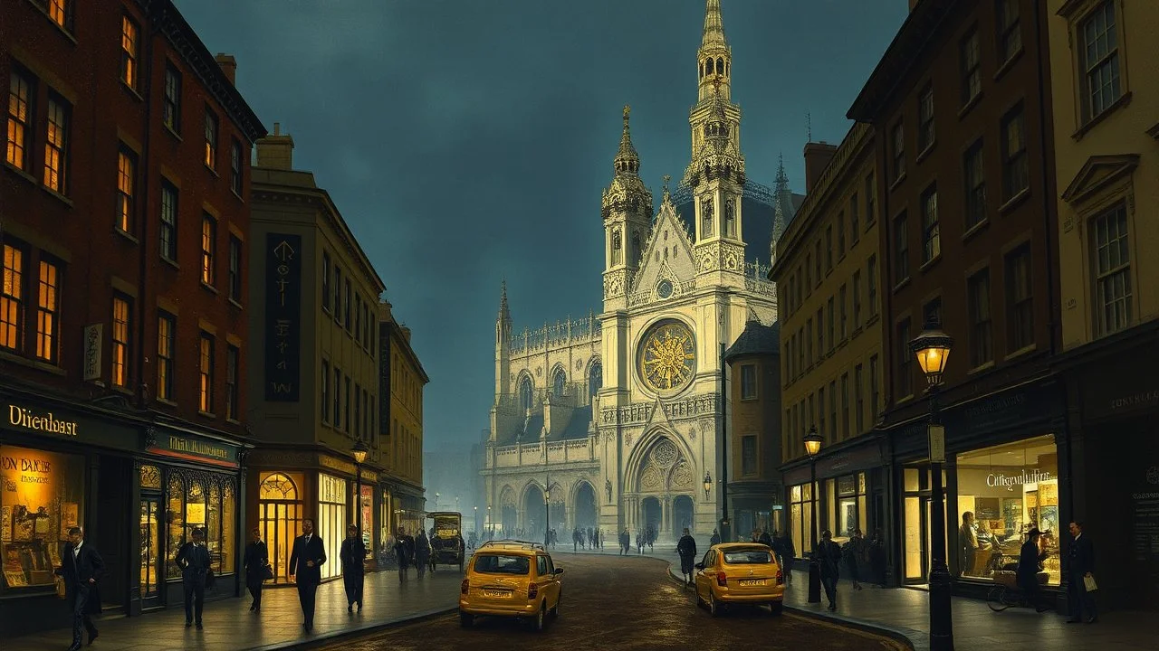 London street scene, cathedral, authentic, clear night, 1860, style John Atkinson Grimshaw