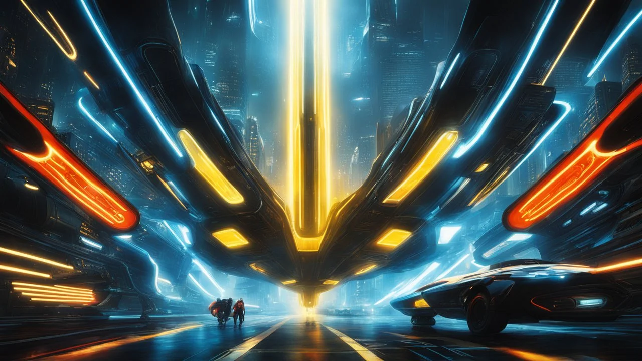 tron legacy movie, creatures,, space ships, city of the future, yellow, blue, red