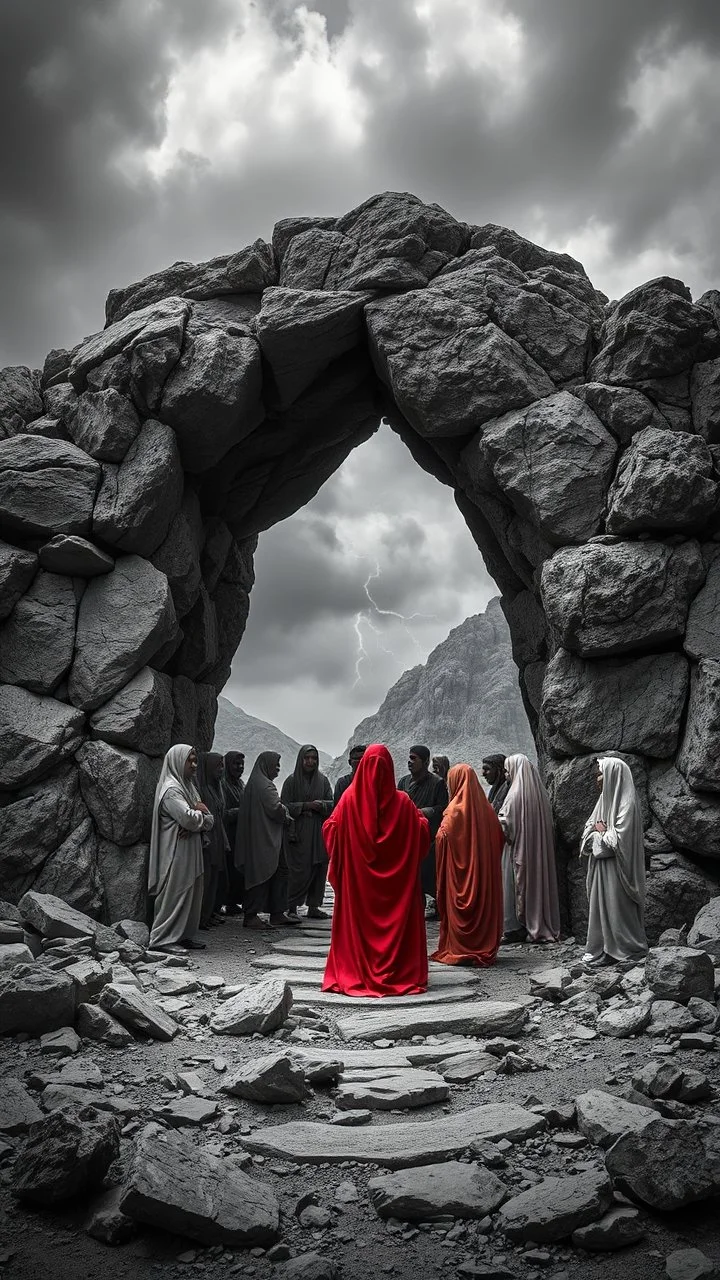 A depressing image of pattera in Jordan sad and emotional thought-provoking image of A rocky portal the world of gray. Several people standing in the color world begging those in the gray All the people in the gray world are shades of grayscale. The 10 people in the gray are all sad and depressed several crying and weeping. Those beyond the portal in the color world are living and joyful.a stormy wether in the. Background