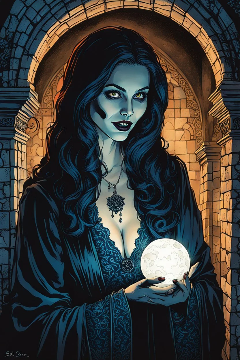 create a fine art print illustration of the spectral shade of a seductive, 13th century Jewish female vampire fortuneteller, clothed in an ornate but ragged bliaud with highly detailed feminine facial features, in the catacombs of the old city of Krakow, shrouded in a fetid mist at midnight , in the comic book art style of Bill Sienkiewicz, and Jean Giraud Moebius, finely textured, drawn, colored, and inked