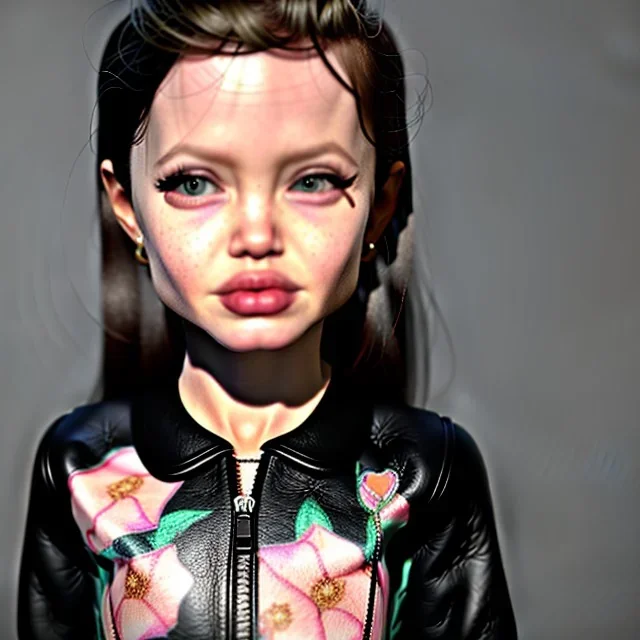 Angelina jolie toddler, full body, leather jacket, floral shirt, floral skirt, shoe, soft skin, dramatic lighting, hyper realistic