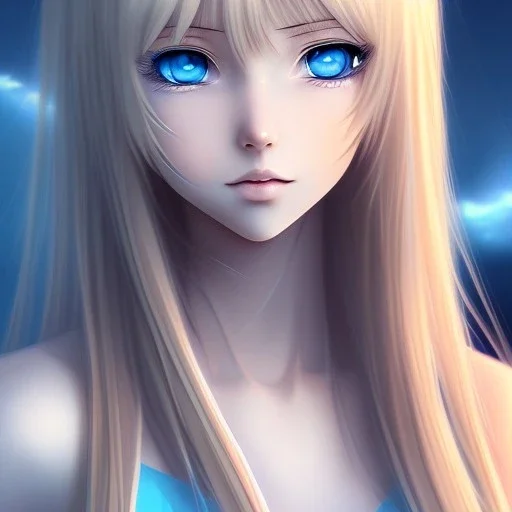 A realistic anime wifu character, blue eyes, full body, blonde hair