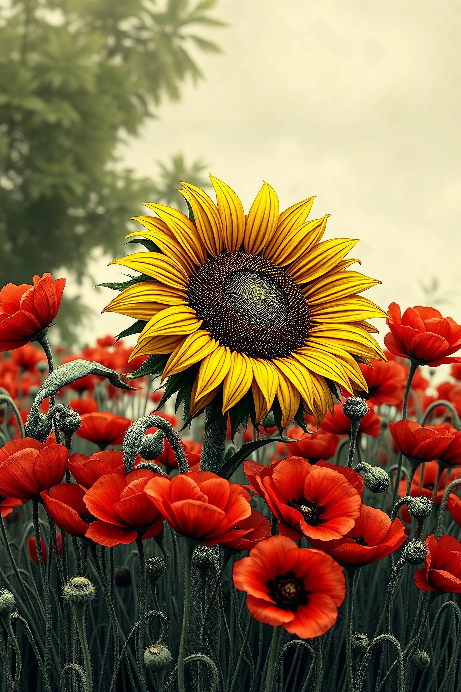 Sunflower surrounded with a lot of red poppies growing out of a zombie, the whole texture coffe color m