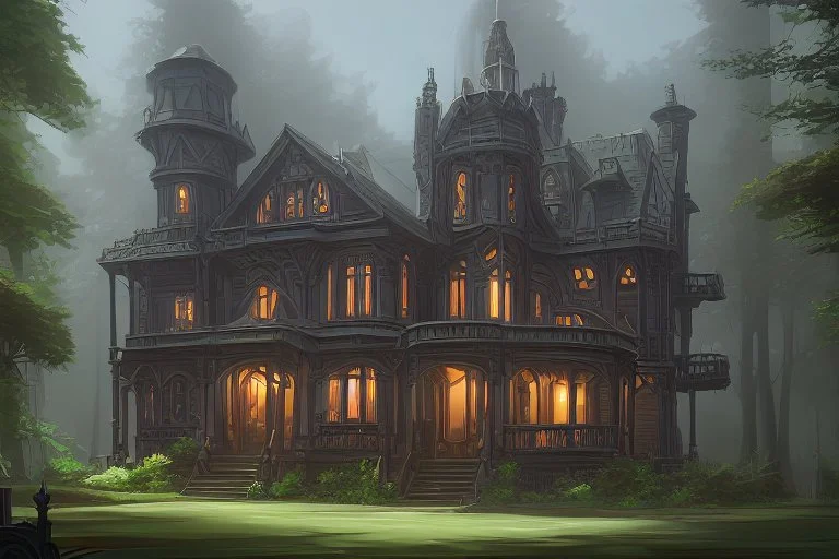 fantasy victorian house surrounded by forest