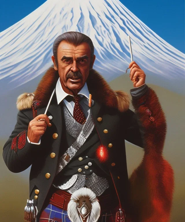 Sean Connery in a kilt eating a lollipop in front of Mt. Fuji