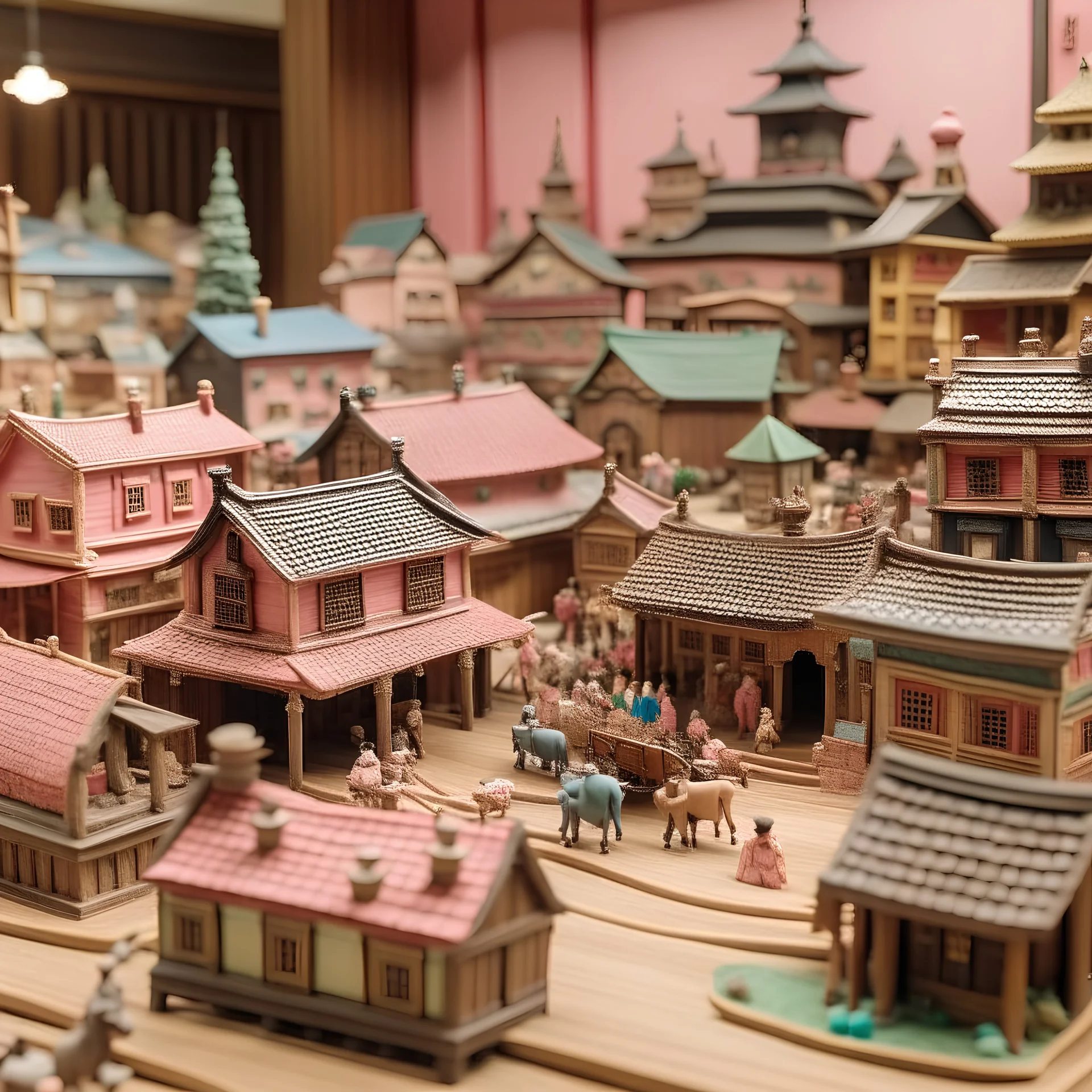 A light pink western town made out of toys painted by Utagawa Hiroshige