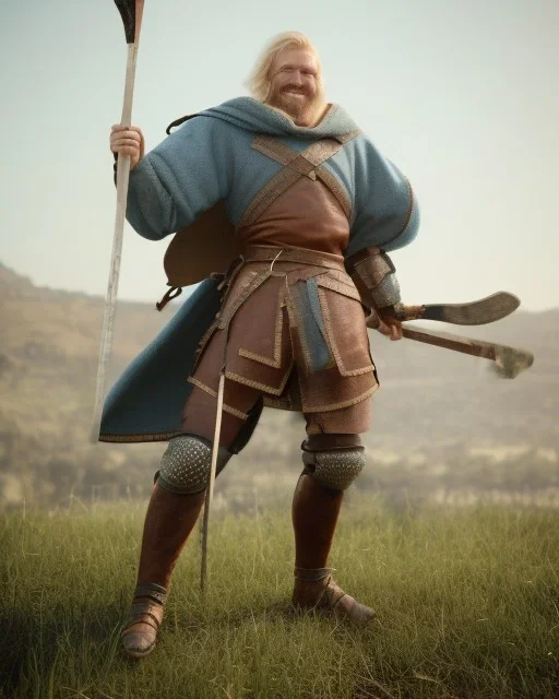 strong medieval men warrior with blond short hair, blue eyes and wide warm smile with an axe with green and brown clothes