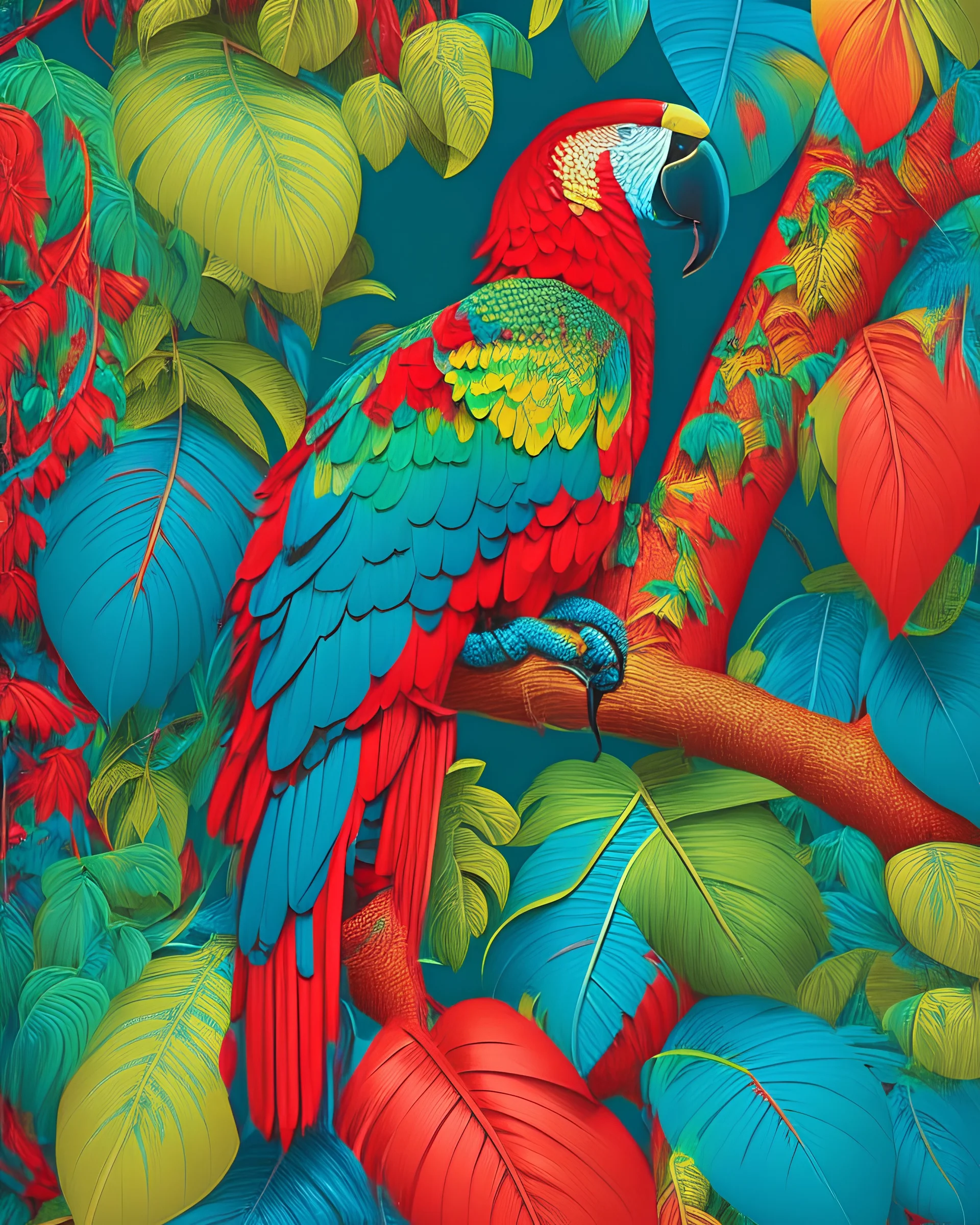 Hermoso loro rojo azul y amarillo, arte pop árbol hojas verdes magnífico detallado