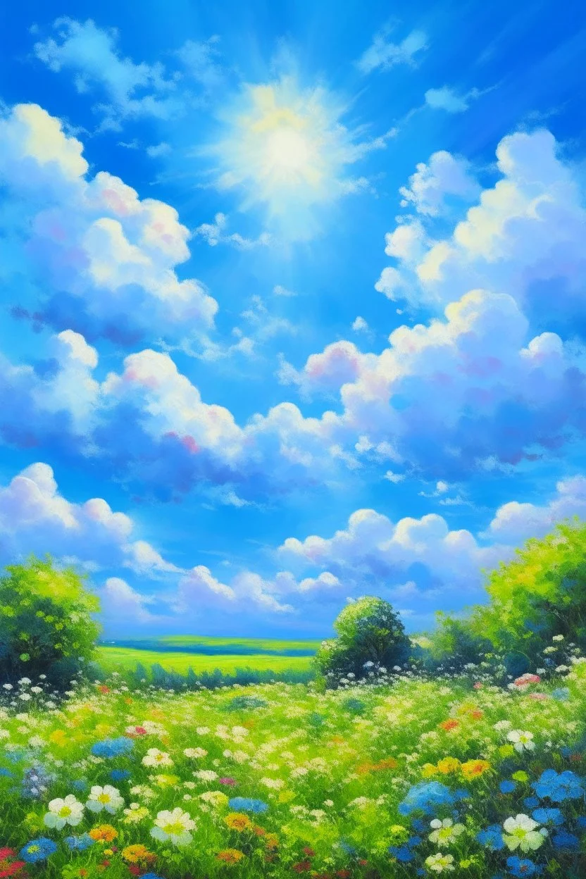 impressionism nature peace communication compassion tranquility blue sky meadow fluffy clouds flowers