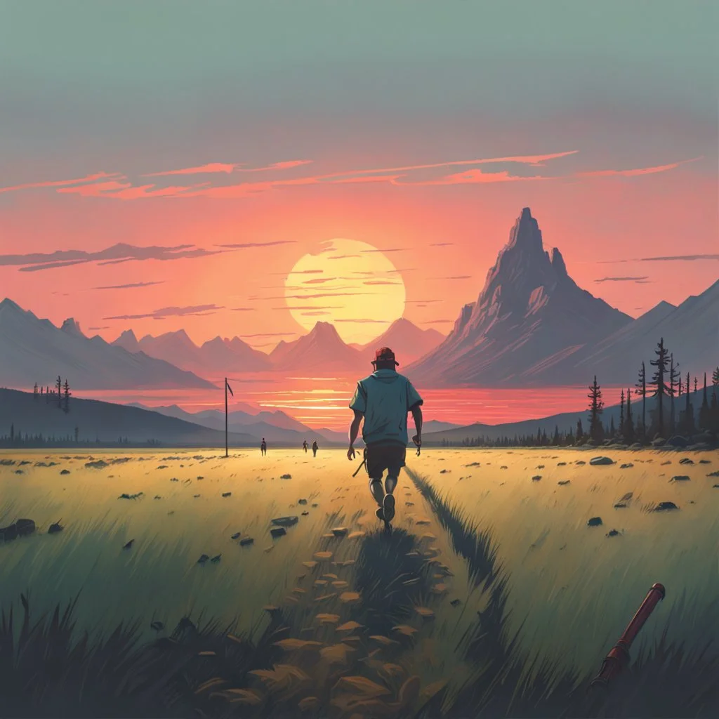 The holy kebab, simon stålenhag style, the kebab man running away on a empty grass field to the sunset, Mountains in the back