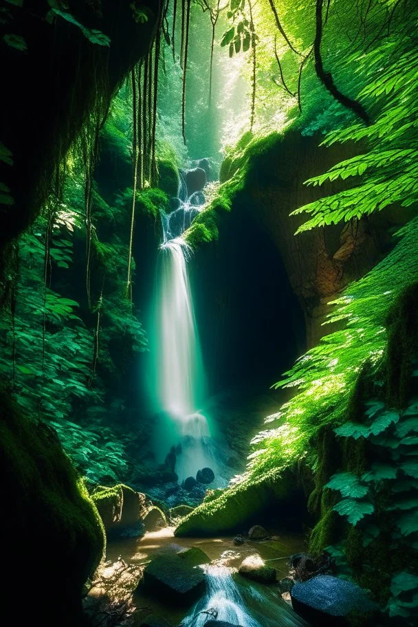 An enchanting forest scene with a magnificent waterfall cascading down a cliff, surrounded by vibrant foliage in various shades of green, sunlight filtering through the canopy above, creating a play of light and shadows, capturing the ethereal beauty of nature, Photography, DSLR camera with a wide-angle lens, f/2.8 aperture, --ar 16:9 --v 5