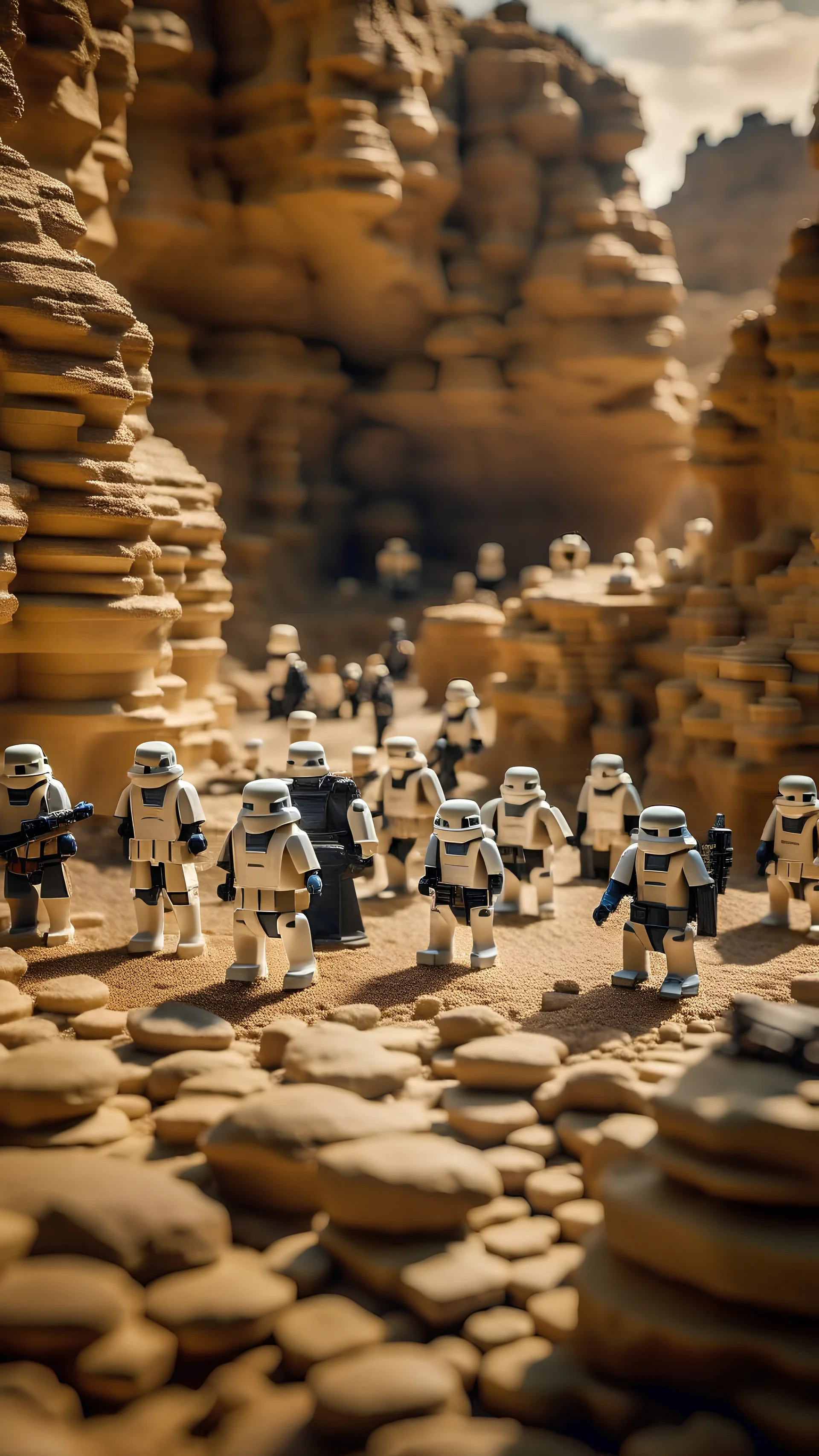 Un bataillon de Stormtrooper Lego, dans un canyon désertique extraterrestre , fait face à deux Jedi humain avec leurs sabre laser, la différence de taille definit le sens comique de l’image.star wars univers, ultra detaillé, , sharp on focus