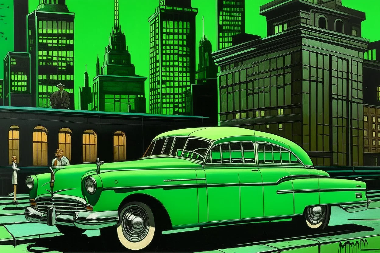 A mint colored noisy metropolis painted by Frank Wilson