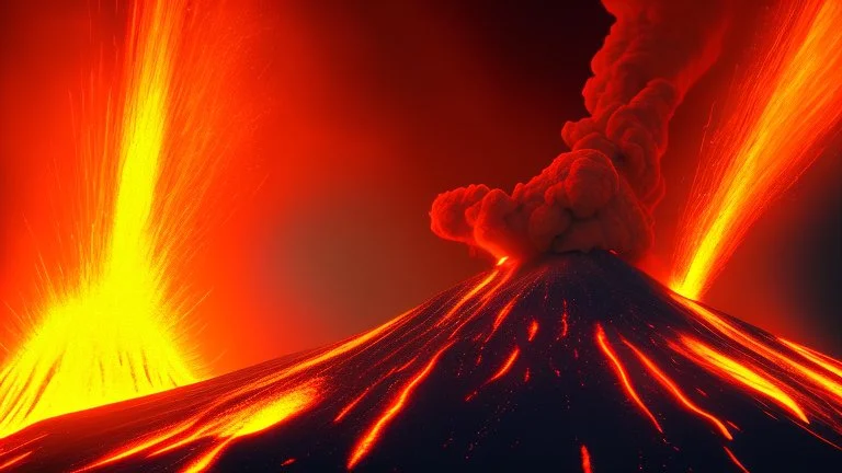 Massive volcano erupting with smoke and fire and ash