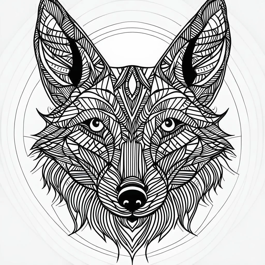 Jackal, front view, mandala, minimal lines, cartoon, white back ground color, real style, realistic, minimalistic, minimal black line art, line art, crisp line art, unique coloring sheet, outlined, outline, crisp, crisp line edges, illustration, thin lines, crisp clear lines, line art, clean line art, unique, 8k, amazing, masterpiece, no colors, no dark color, no black color, avoid thick black, minimalistic line edges, pure white back ground, image character full fit to page,