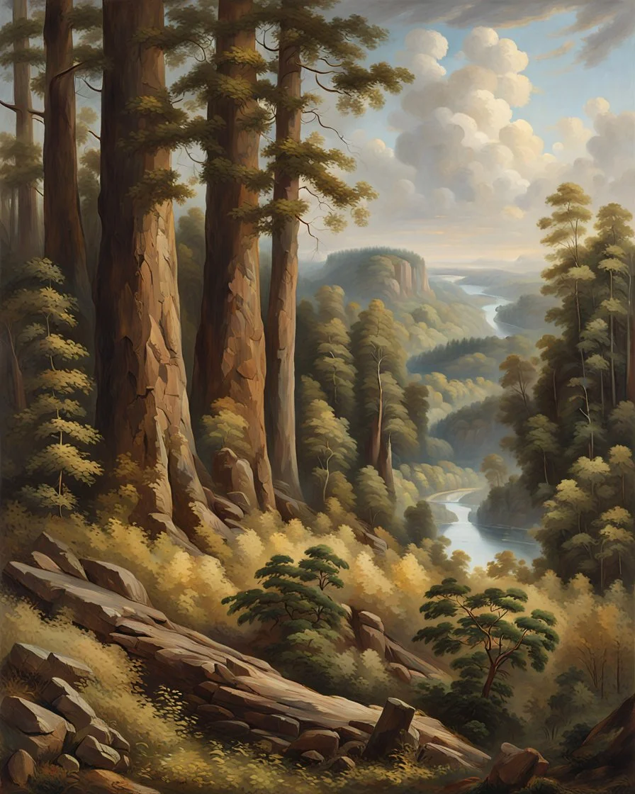 Prompt: Style: A monumental nineteenth-century American Romantic landscape painting inspired by the grand panoramic tradition of the Hudson River School. Luminous realism, masterful atmospheric perspective, refined glazing techniques, dramatic natural light, meticulous botanical detail, majestic wilderness, subtle oil textures, museum-quality fine art, celebrating the sublime beauty of untouched nature. Subject: The colossal giant sequoias of Sequoia National Park dominate the landscape, their