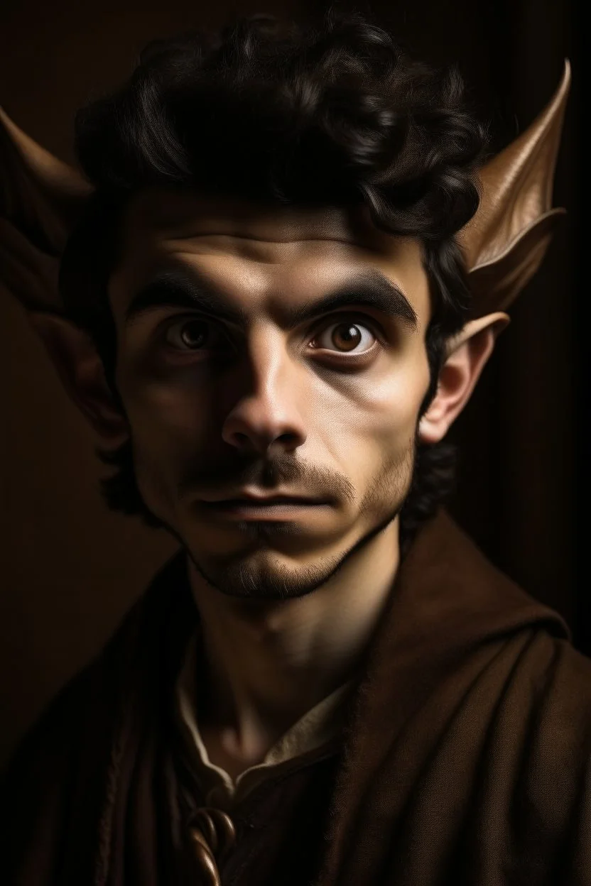 A portrait of a young elf, a wizard, spike ears, brown hair, Caravaggio style