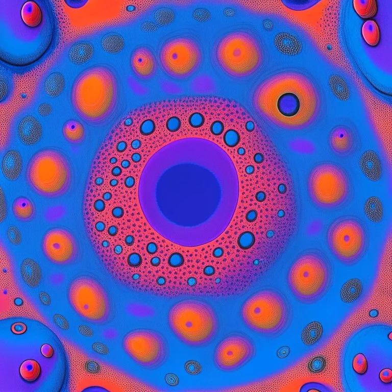 Hallucinatory, anthropomorphic, quariaring, slight texture, psychedelic, magenta and violet slight pastel colour:: an increasingly darker blue background from the outside to the centre, with an orange spot in between