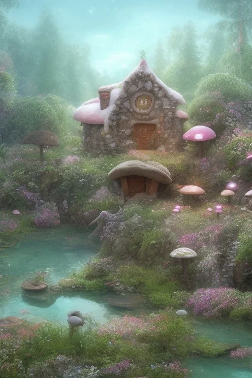 lac turquoise, petit rocher avec mousse, hobbit house,great flower fleurs pink and white, champignon, elfe très beau, etoile filante, cristaux, vray, cgi