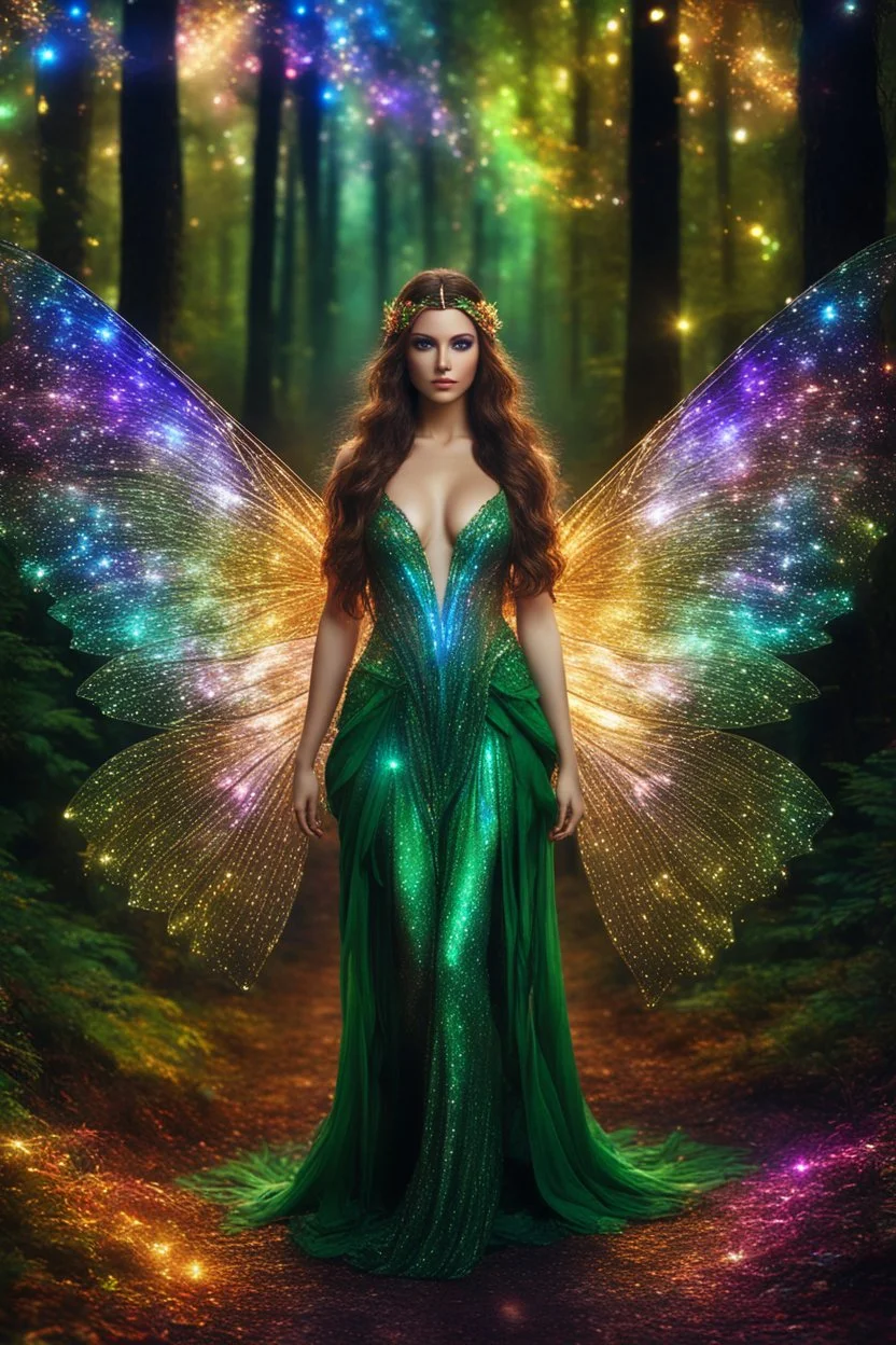 Front view photoshoot Gorgeous Photography Ultra Realistic Natural Skin Beauty, Beautiful Fairy woman straddle wings with gown shiny brown flowing hair, glitter colorful fairy wings, lovely glowing green eyes, surrounded by magical colorful forest and flickering lights, digital photography, kaleidoscope, vibrant colors, vivid colors, colorful,in dark midnight magic lights forest ,full sparkling light, close-up portrait