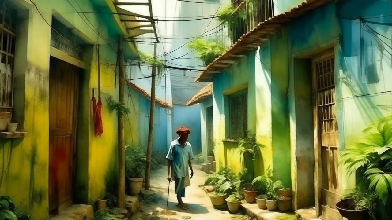 Tropical alley with moss covered walls, soaked hanging laundry and loose chickens; an old man smokes at the doorway. Saturated Caribbean watercolor style