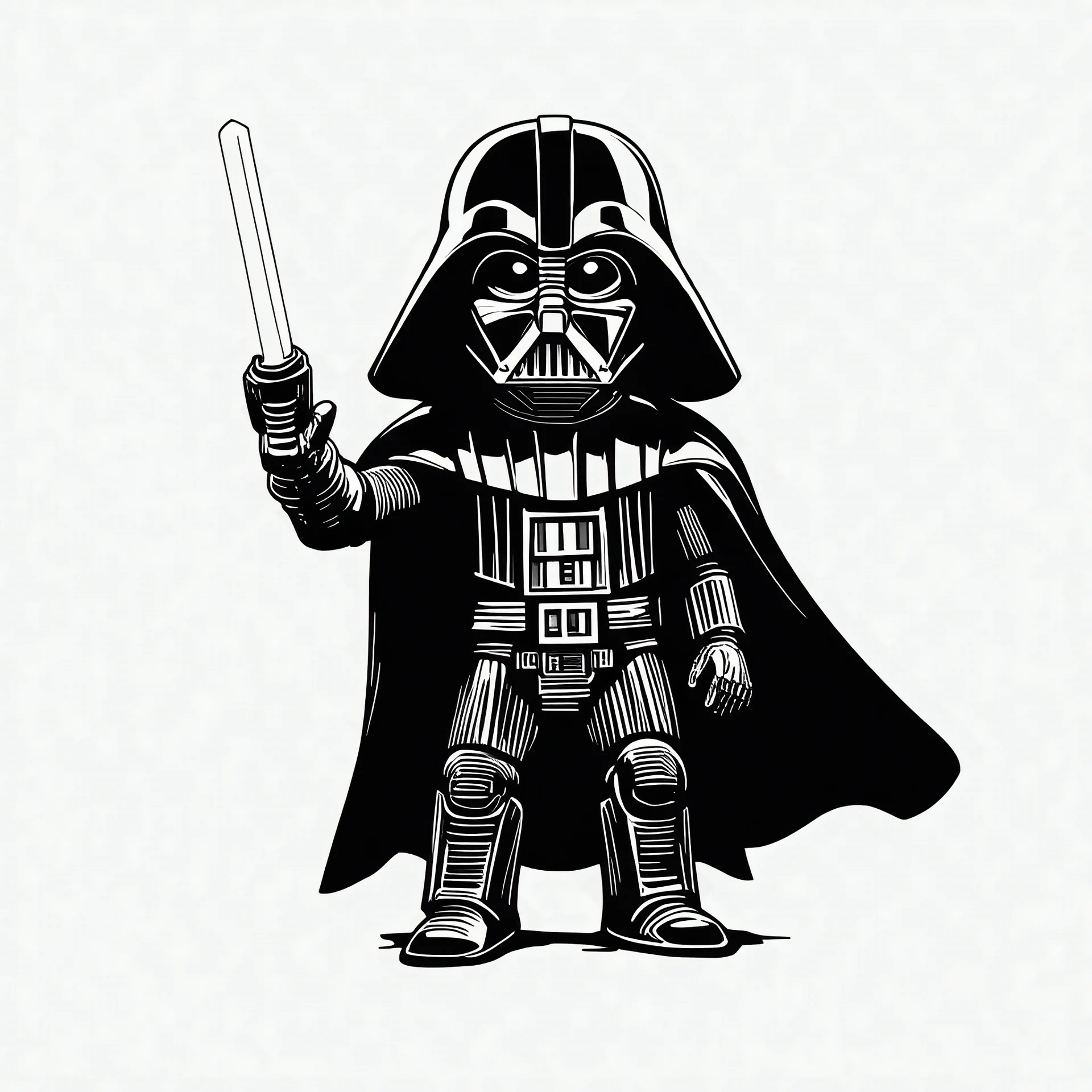 simple black and white ink drawing of darth vader like character in chibi style waving his arm and holding a light sabre in the other hand on a white background