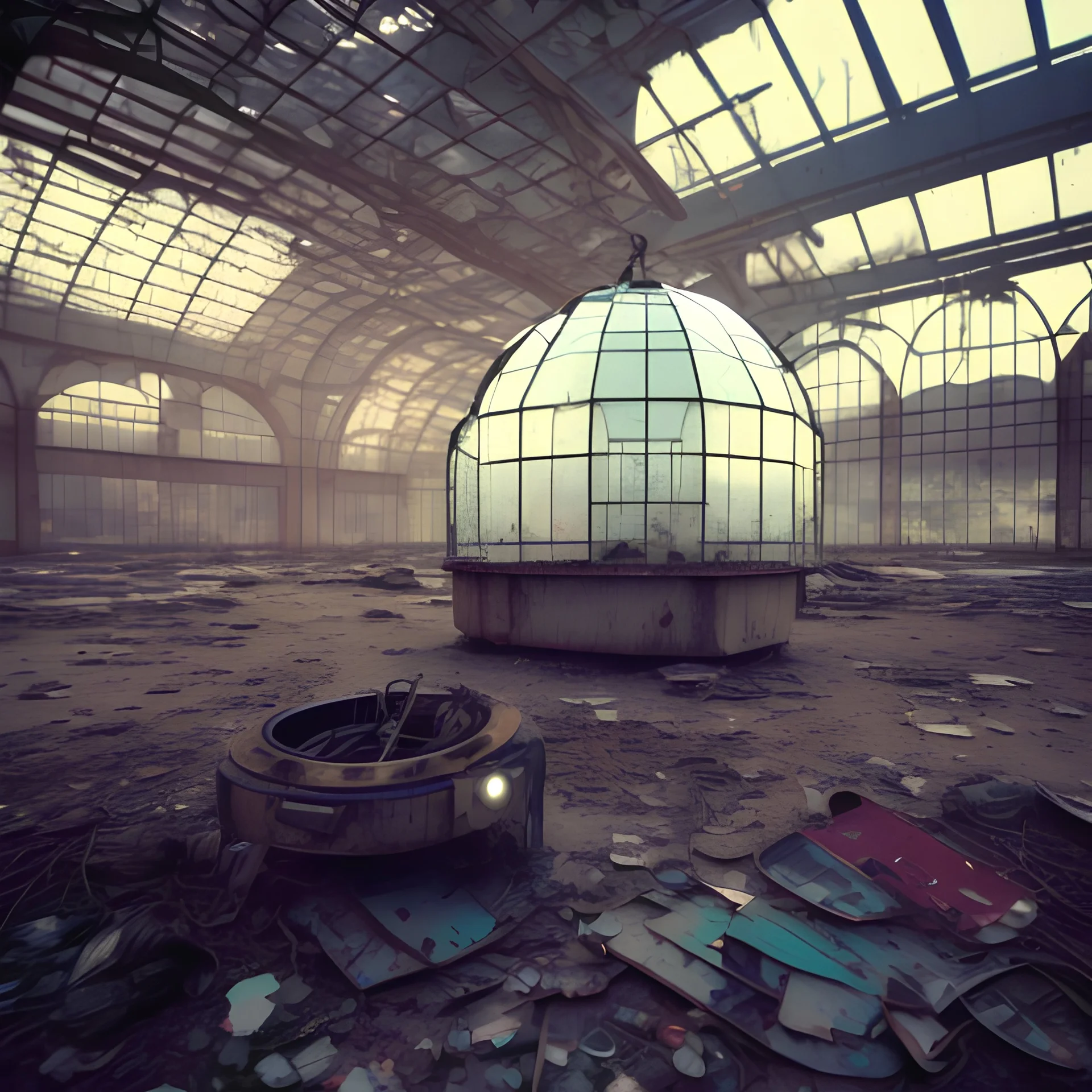 Abandon technology city, clone machinery, glass domes, soda lights, sparks