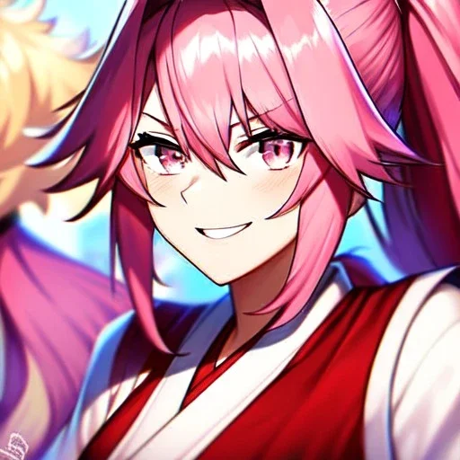 Clear focus, 8k, beautiful lighting, vibrant colors, girl, pink hair, long hair, vibrant pink eyes, miko, ponytail, hair in between the eyes, up close, laughing, angry, messy hair,