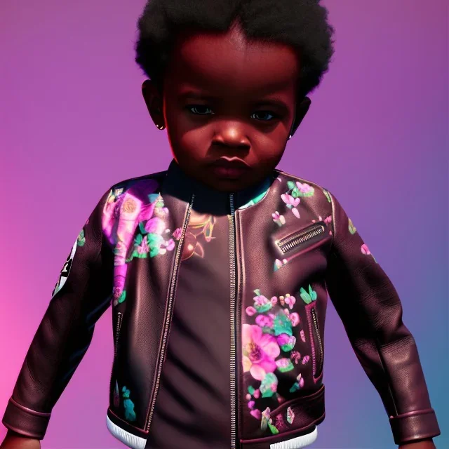 Zaire beetz toddler, full body, leather jacket, floral shirt, floral skirt, Nike sneaker, soft skin, city background, dramatic lighting, hyper realistic