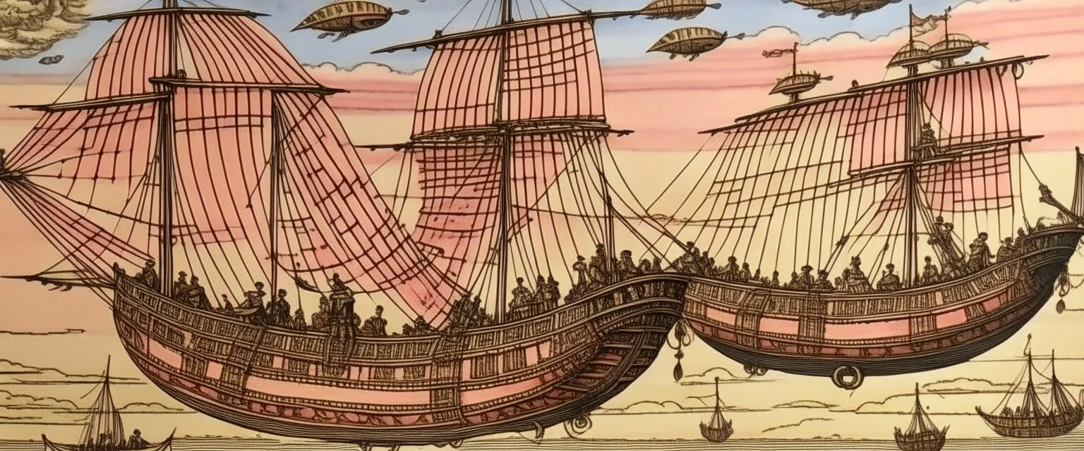 Airships in the pink sky designed in Bayeux tapestry painted by Giovanni Battista Sassi