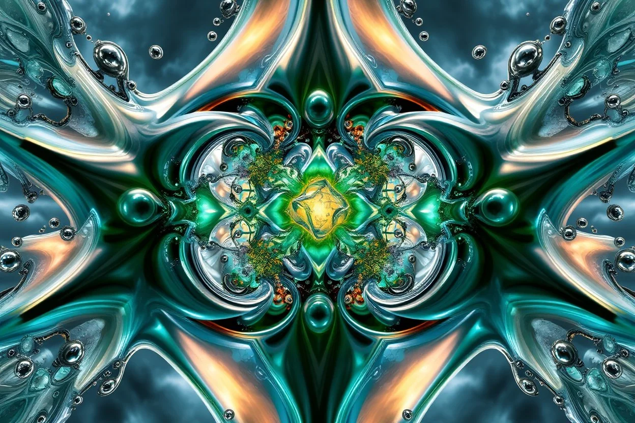 Dynamic complex hypnotic fractal 3D structures Symmetry twisting and morphing between plants and metall geometric forms , smooth translucent iridescent glass with inner glow and bubbles, varied transparent materials, stormy skies, intense dramatic